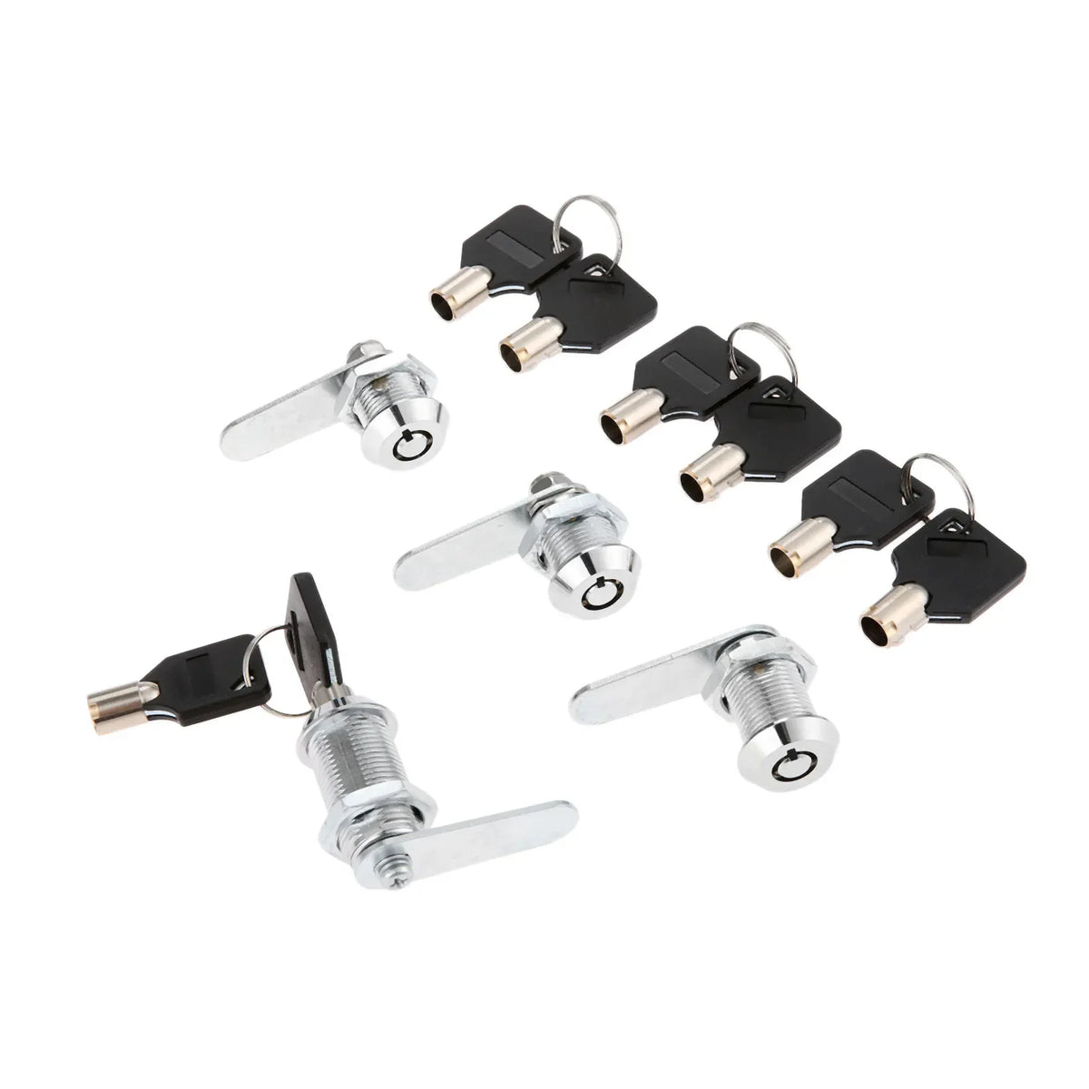 Alpine Outdoor Supplies tubular cam lock set with keys and locking plate, suitable for drawers, cabinets, and mailboxes in 16-30mm sizes.