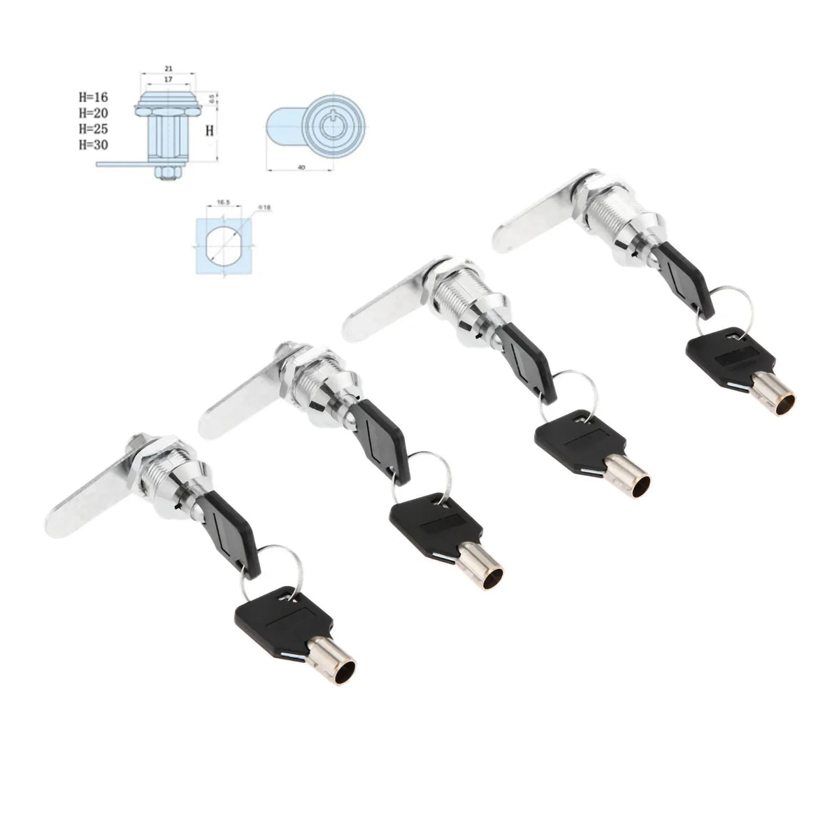 Set of Alpine Outdoor Supplies tubular cam locks with matching keys for doors, mailboxes, and cabinets, including locking plates.