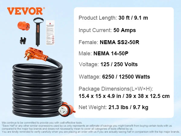 30A/50A RV Power Cord 15/25/30/50 Feet Heavy Duty Generator Cord with LED Indicator Handle