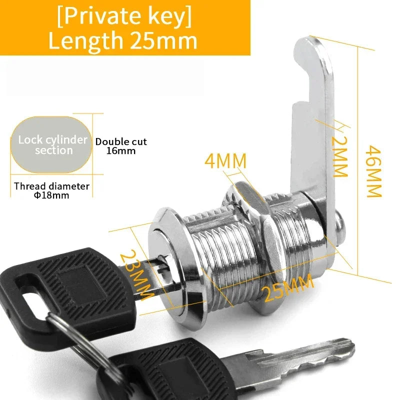 Alpine Outdoor Supplies metal cylinder cam lock with keys, suitable for cabinets, mailboxes, or drawers in various sizes.