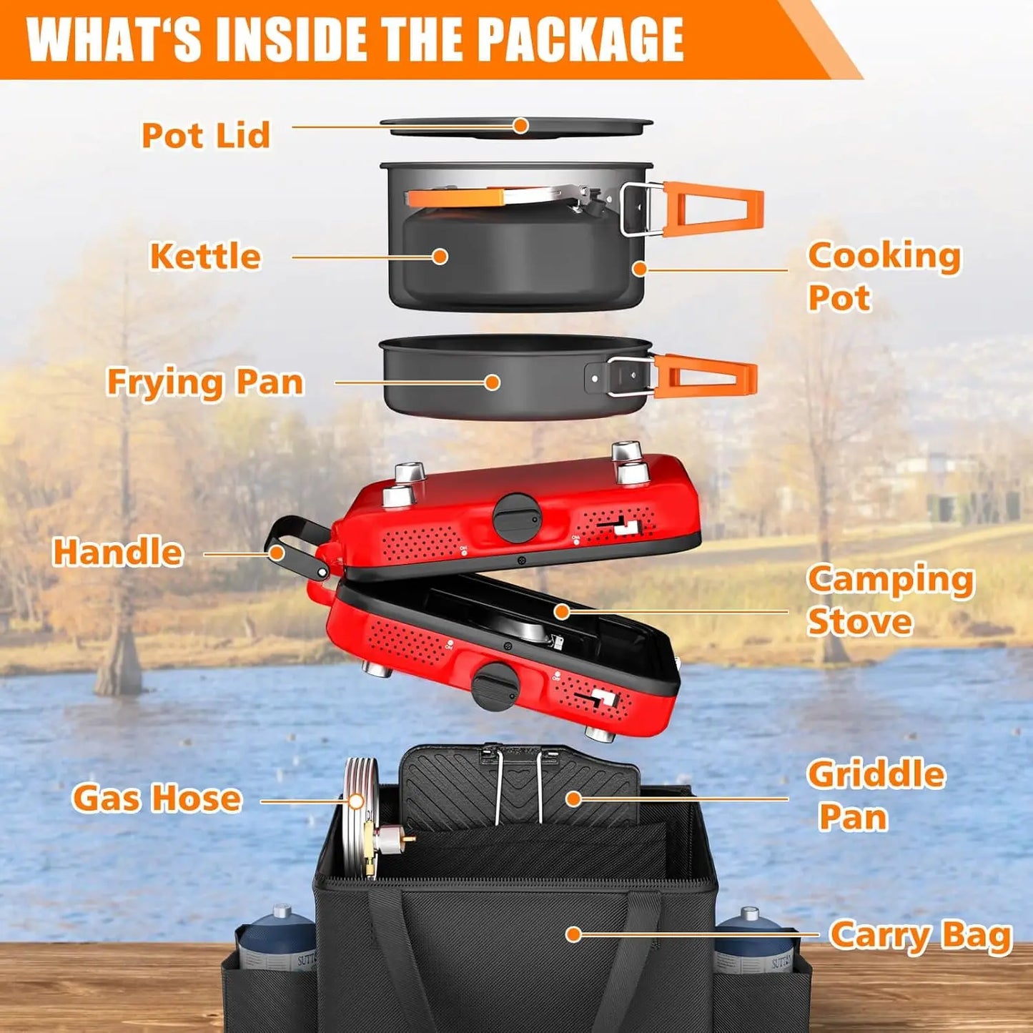 2 Burner Camping Stove Set with Cookware, 20,000 BTU/h