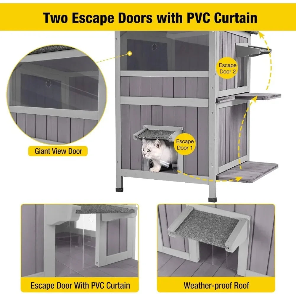 Outdoor Feral Cat House 2-Story Cat Cottage Kitten Shelter with Window