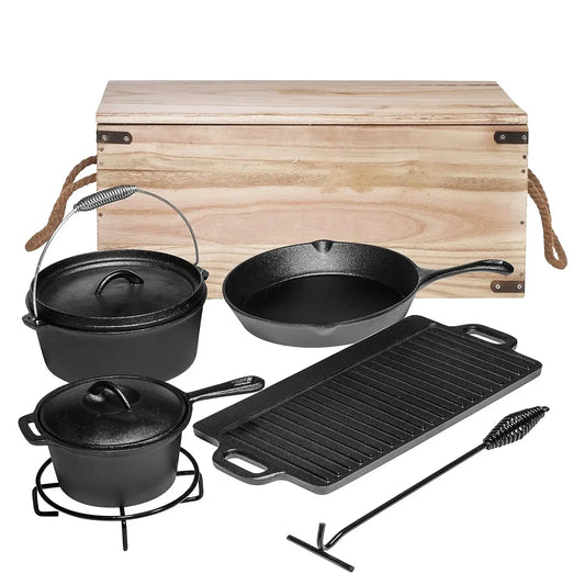 Camping Cooking Set Of 7. Pre Seasoned Cast Iron Pots And Pans Dutch Oven With Lids