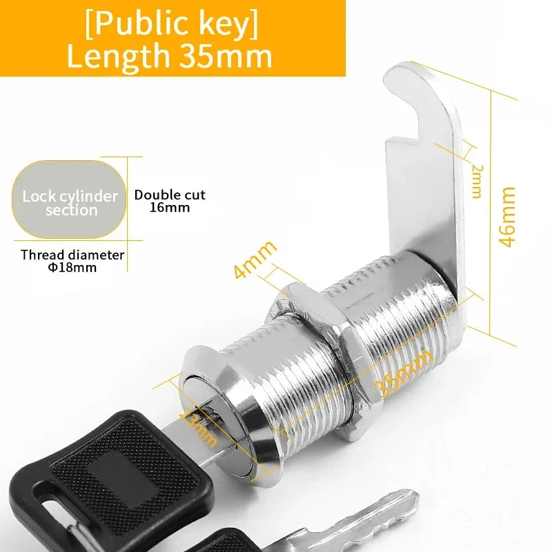 Alpine Outdoor Supplies metal cylinder cam lock with keys, suitable for cabinets, mailboxes, and lockers in various sizes.
