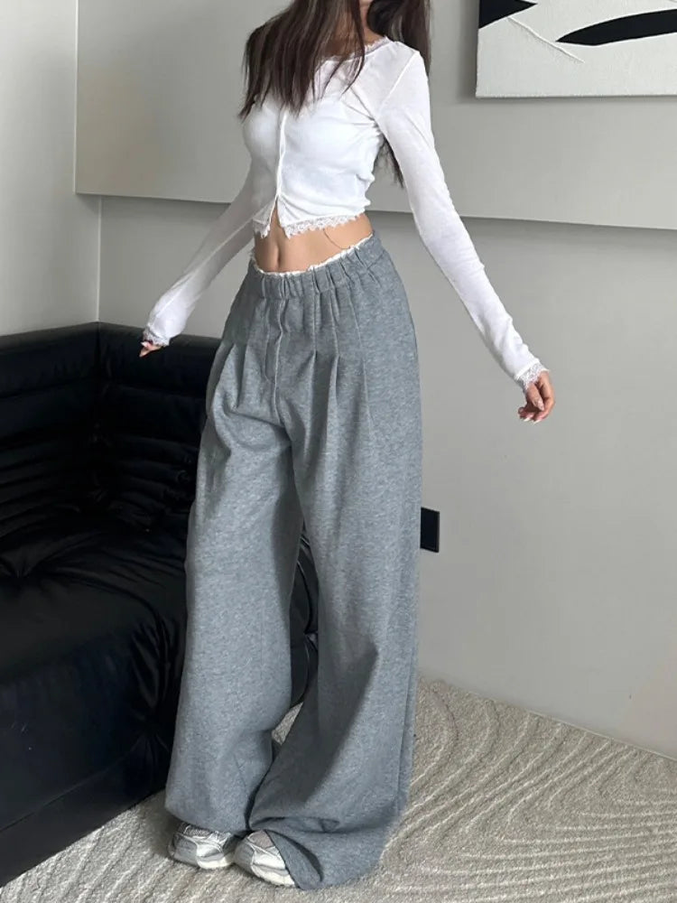 Vintage Gray Patchwork Sweatpants Woman Baggy