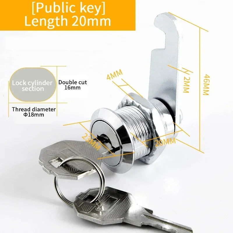 Metal cylinder cam lock with keys, suitable for cabinets, lockers, and mailboxes, available in various sizes from Alpine Outdoor Supplies