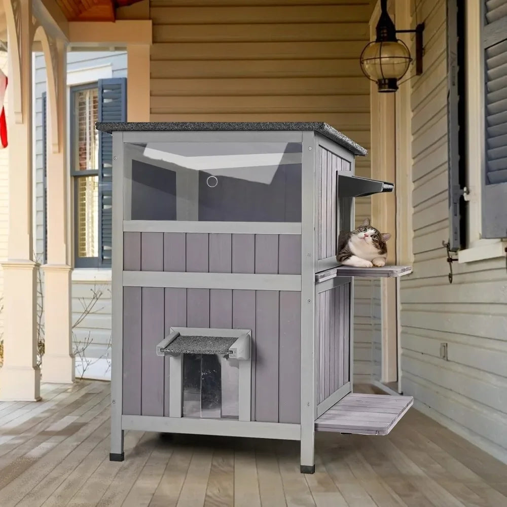 Outdoor Feral Cat House 2-Story Cat Cottage Kitten Shelter with Window