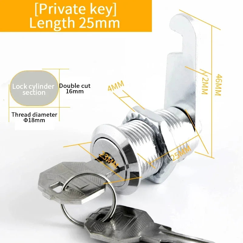 Alpine Outdoor Supplies metal cam lock set with keys for cabinets, mailboxes, and drawers in various sizes (16mm to 30mm).