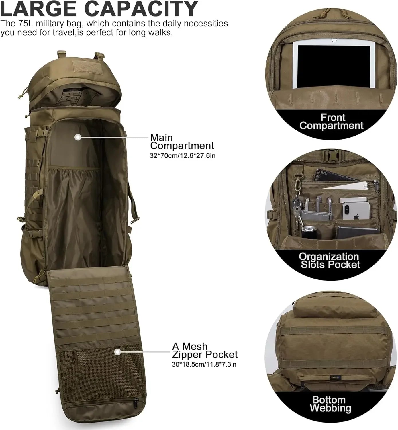 Molle Hiking Internal Frame Backpacks with Rain Cover