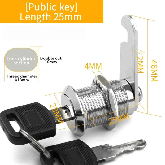 Alpine Outdoor Supplies metal cylinder cabinet lock with keys, available in 16mm to 30mm sizes, for lockers, mailboxes, and drawers.