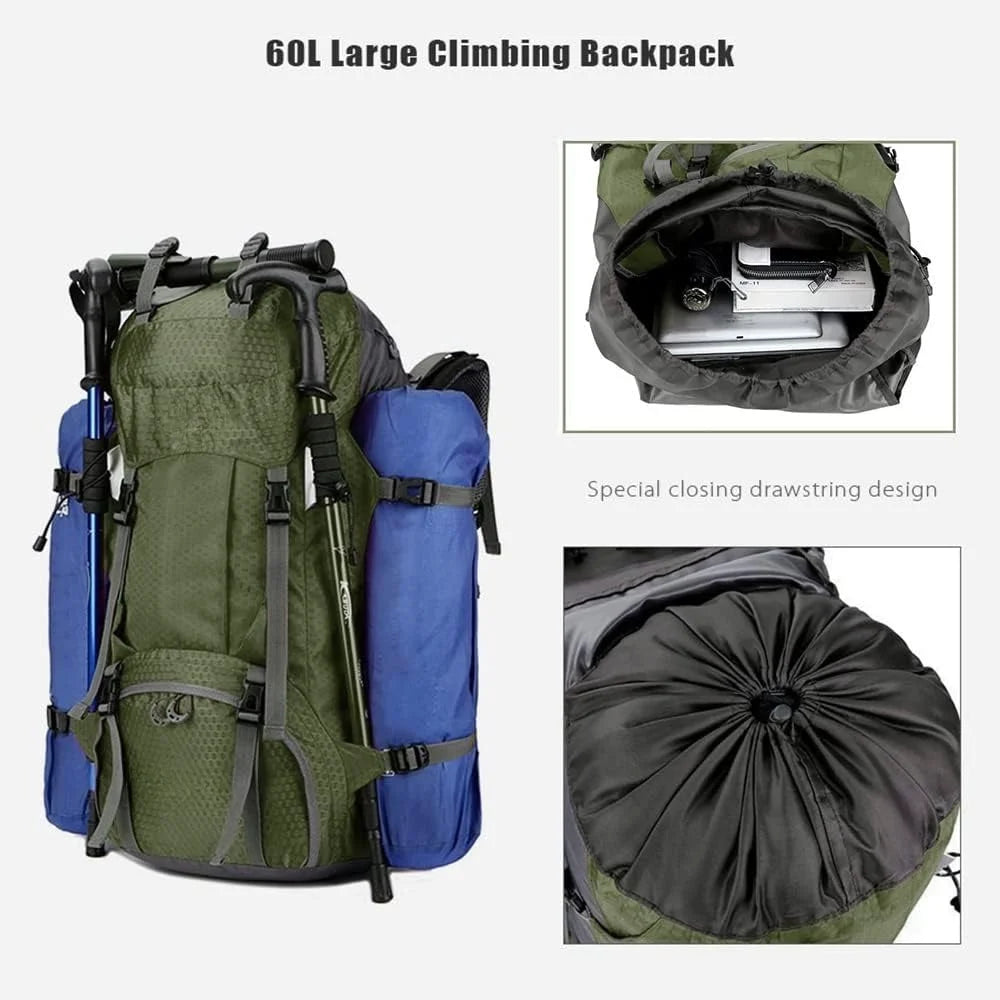 60L Waterproof Backpack with Rain Cover, Large Capacity Lightweight