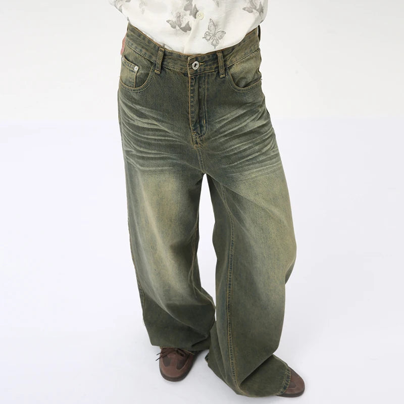 Fashion Loose Straight Denim Pants American Style Casual Worn-out Design