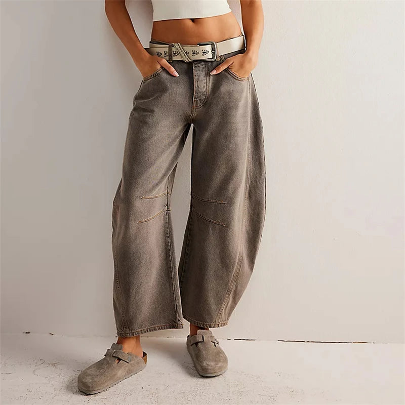 High Stretch Mid-Rise Barrel Jeans Fashion wide Leg Shape Women Casual