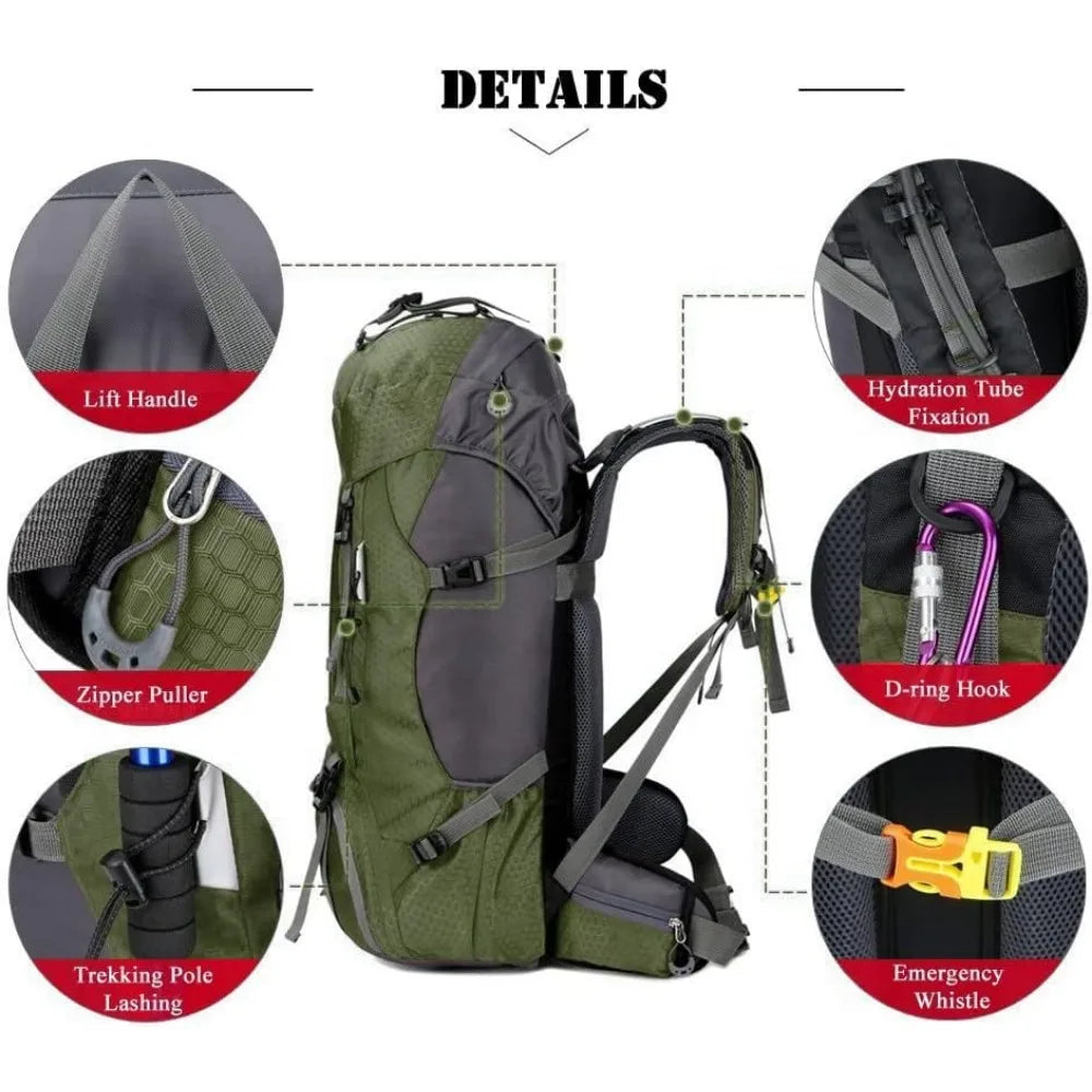 60L Waterproof Backpack with Rain Cover, Large Capacity Lightweight