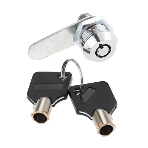 Drawer tubular cam lock set with keys, metal locking plate, for cabinets, mailboxes, and furniture, available in multiple sizes.