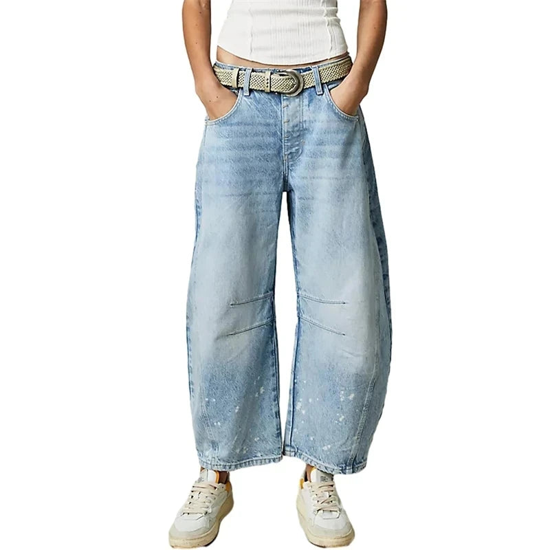 High Stretch Mid-Rise Barrel Jeans Fashion wide Leg Shape Women Casual