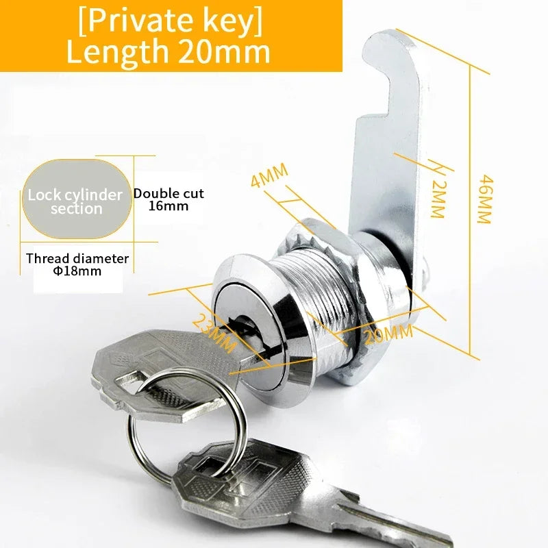 Alpine Outdoor Supplies and More metal cylinder cabinet lock with keys, available in 16mm, 20mm, 25mm, and 30mm sizes.