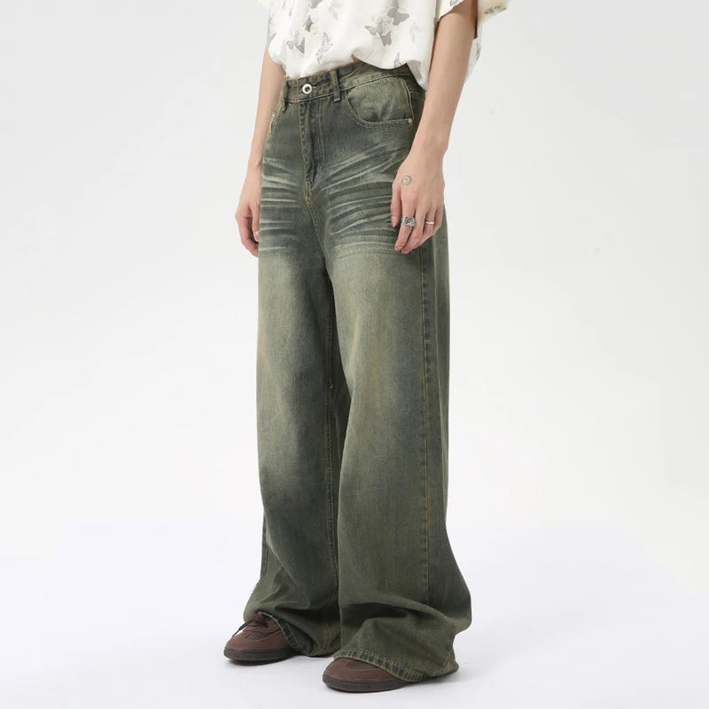 Fashion Loose Straight Denim Pants American Style Casual Worn-out Design