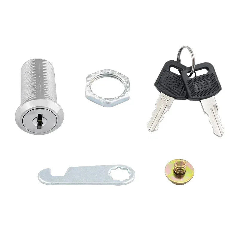 Alpine Outdoor Supplies metal cylinder cam lock with keys, suitable for cabinets, mailboxes, and drawers in various sizes.
