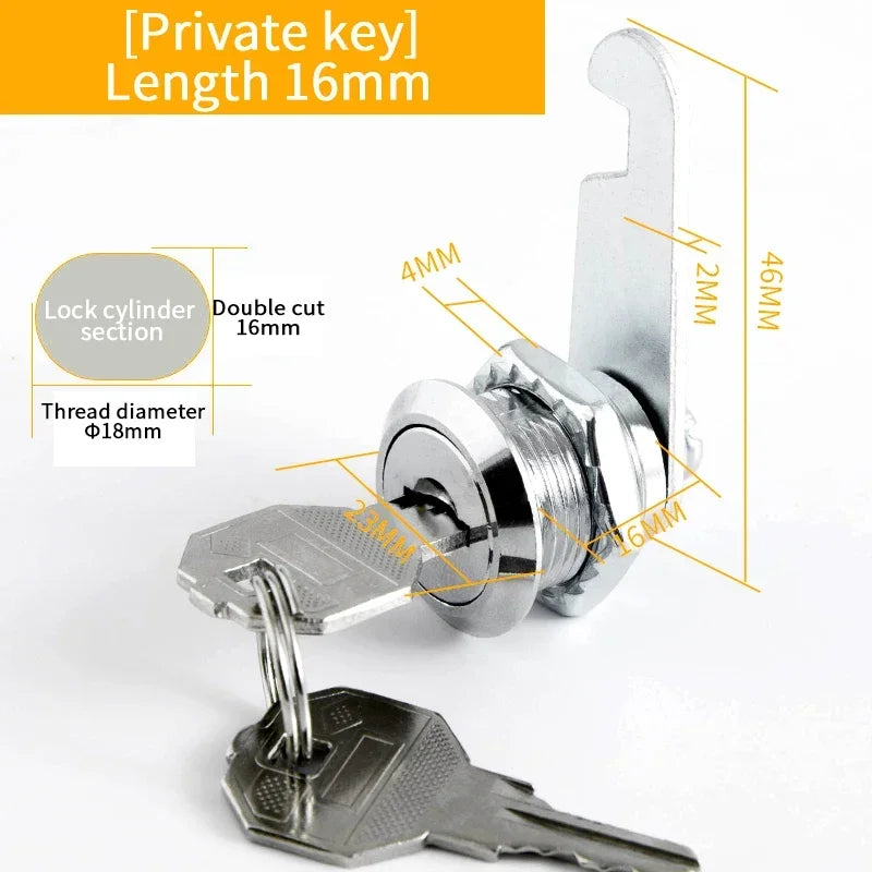 Alpine Outdoor Supplies metal cylinder cam lock with keys, suitable for cabinets, mailboxes, and lockers in various sizes.