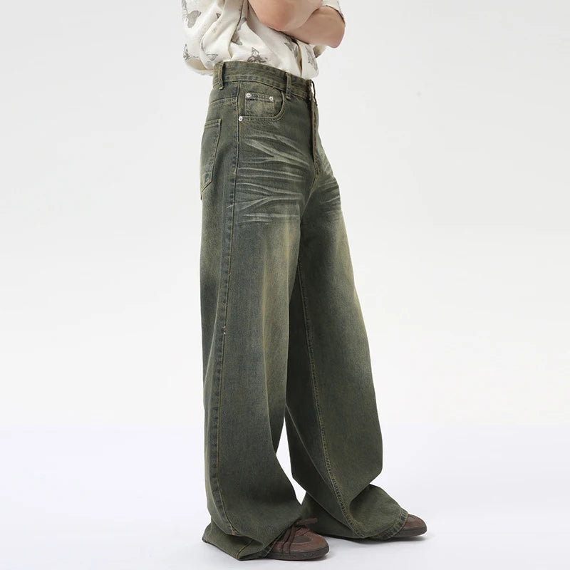 Fashion Loose Straight Denim Pants American Style Casual Worn-out Design