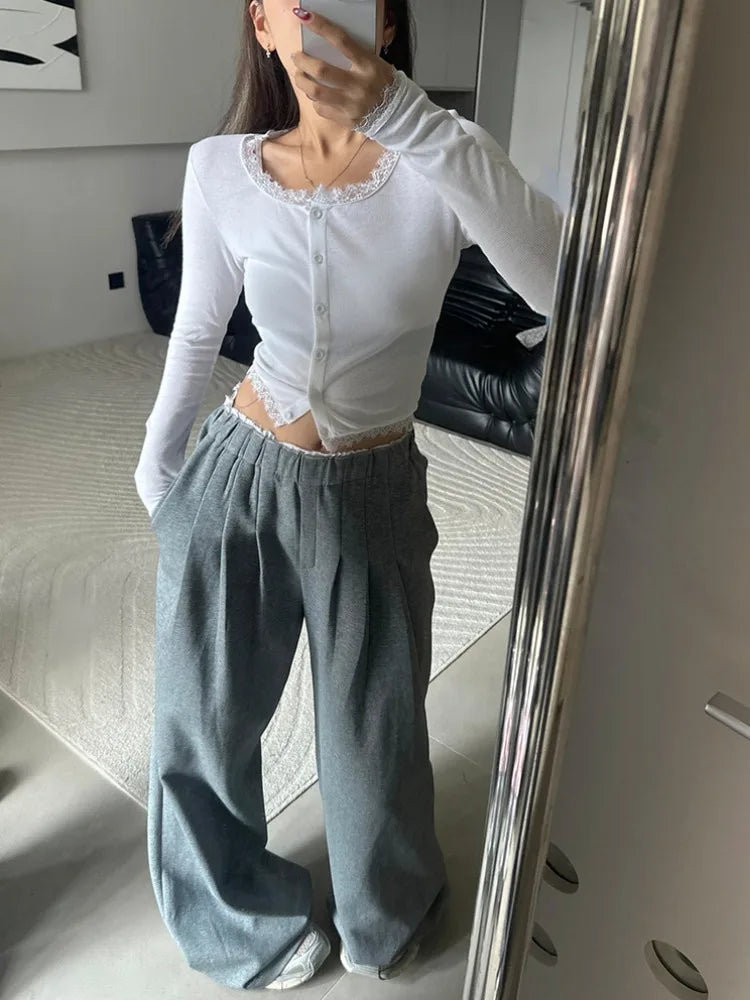 Vintage Gray Patchwork Sweatpants Woman Baggy