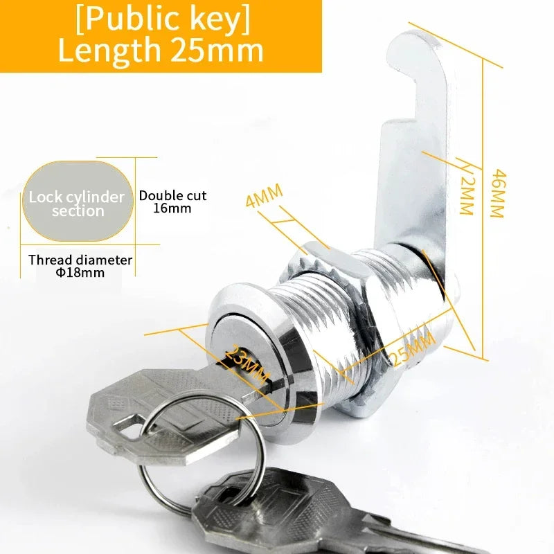 Metal cylinder cam lock with keys, suitable for cabinets, mailboxes, and drawers, available in 16mm to 30mm sizes.