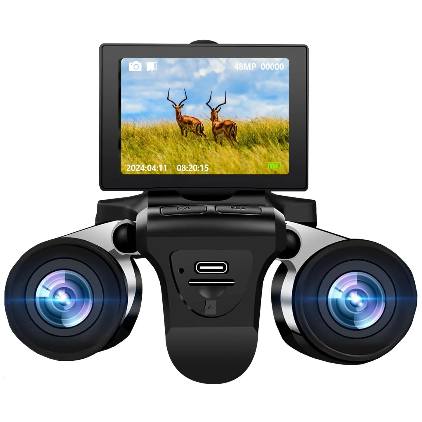 Alpine Outdoor Supplies 12x32 HD binoculars with 48MP camera, 8x zoom, outdoor camping telescope, focusing on the binoculars and camera lens.