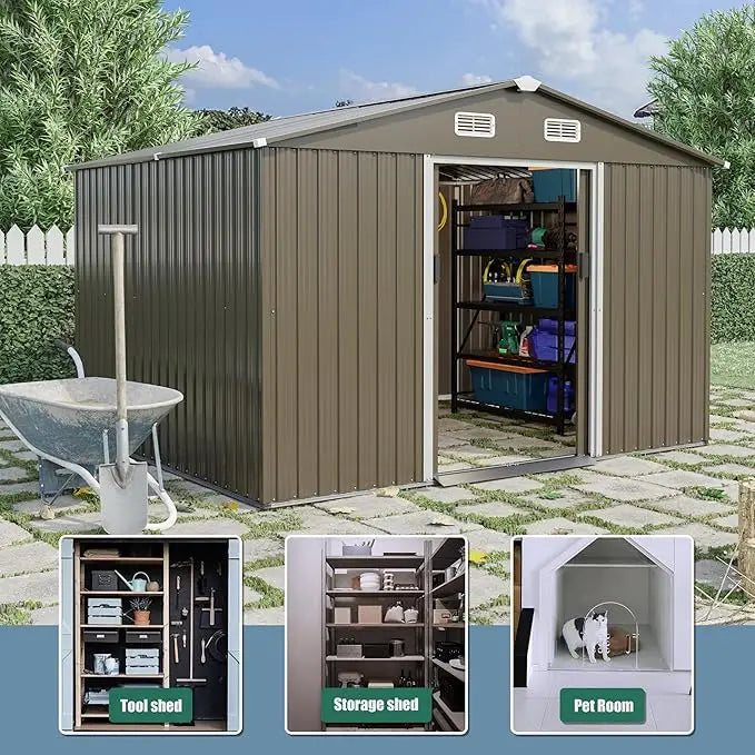 Outdoor Storage Shed, Waterproof, Lockable Door Metal Tool Shed with Sliding Door Air Vents