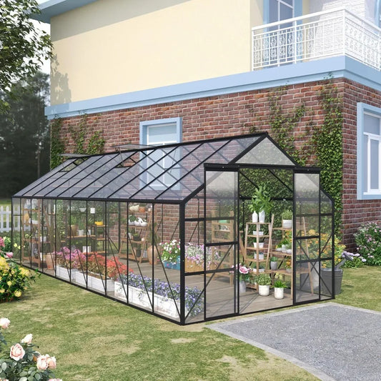 20' X 8' Aluminum Greenhouse Polycarbonate Walk-in Garden Greenhouse Kit with Adjustable Roof Vent