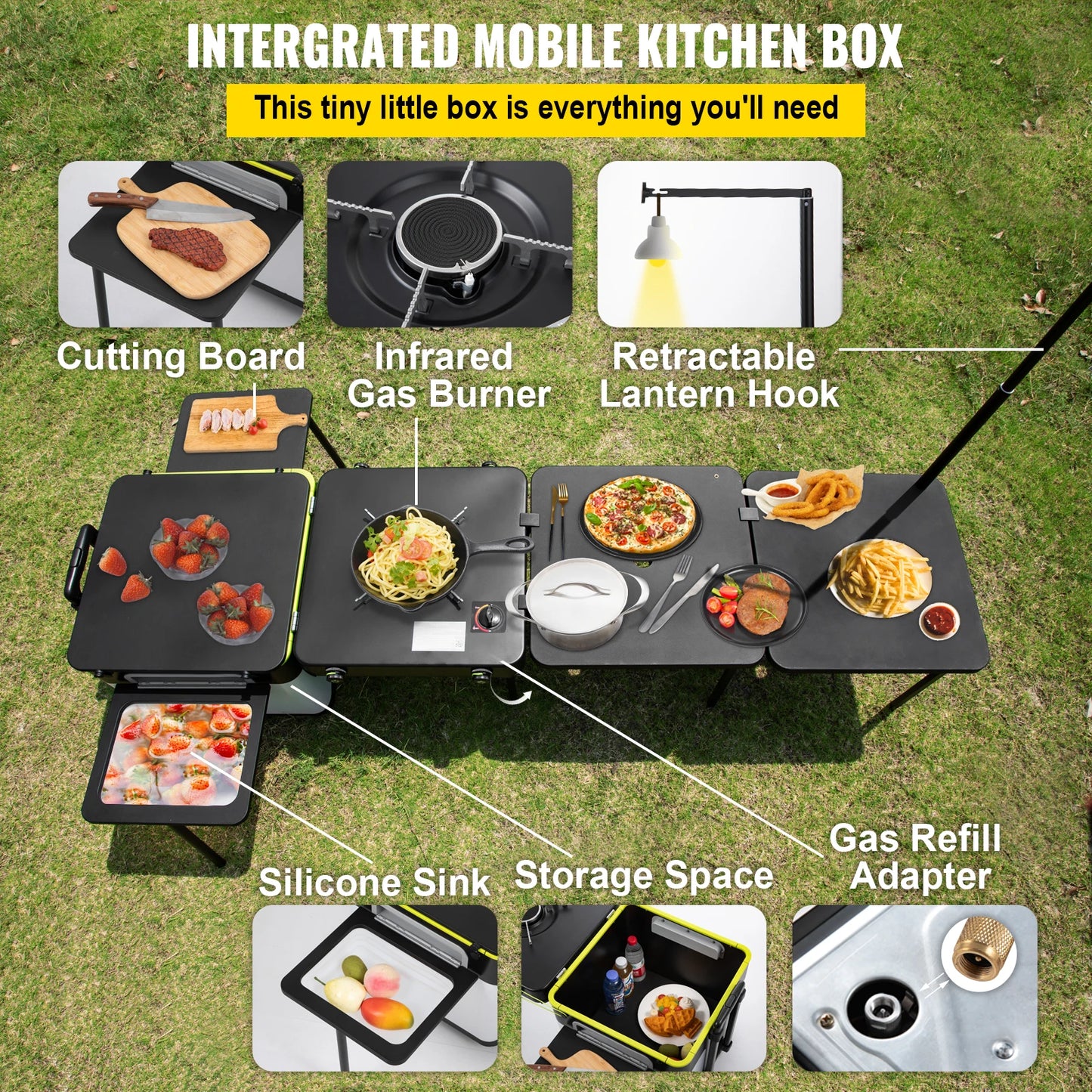 Mobile Kitchen Portable Multifunctional Camp Box w/ Wheels All in One Integrated Camping Cooking Station Foldable