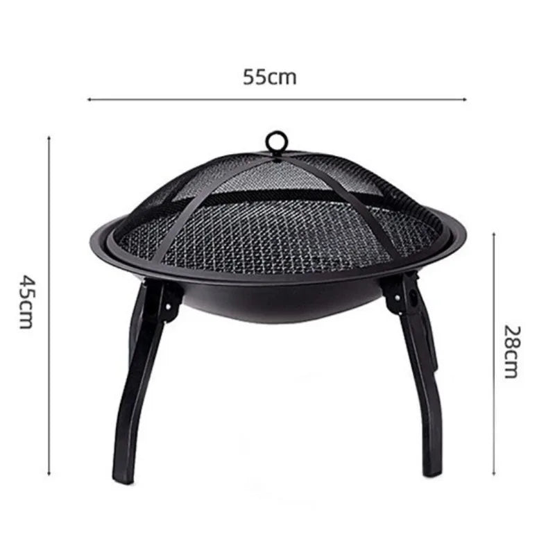 Portable outdoor camping wood stove with removable circular grill, firewood burner, ideal for travel and camping cooking.