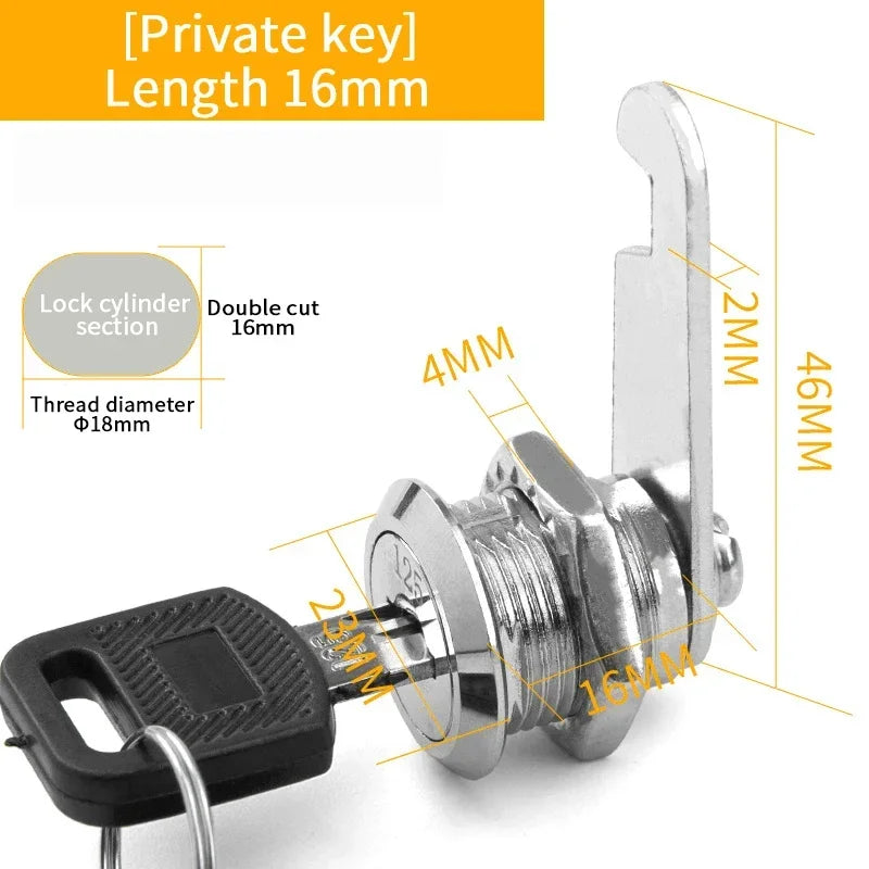 Metal cylinder cam lock with keys, suitable for cabinets, mailboxes, and drawers, available in various sizes from Alpine Outdoor Supplies.