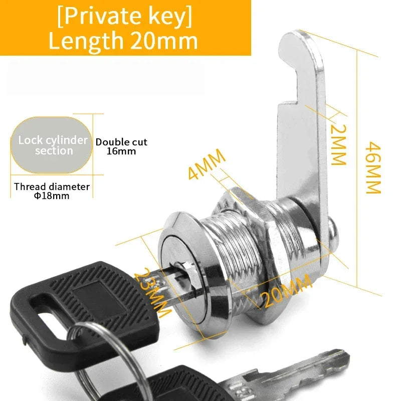 Alpine Outdoor Supplies metal cylinder cam lock with keys for cabinets, mailboxes, and drawers in various sizes including 16mm to 30mm