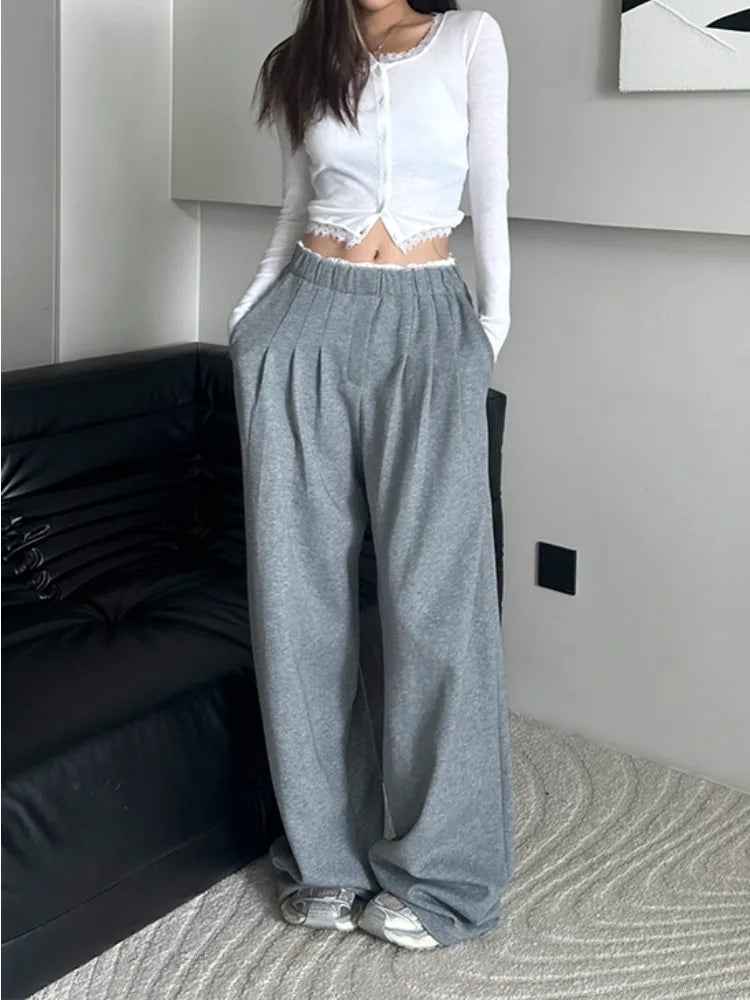 Vintage Gray Patchwork Sweatpants Woman Baggy