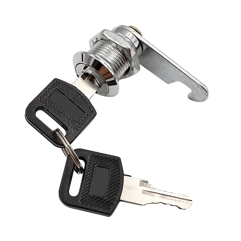 Alpine Outdoor Supplies metal cam lock set with keys, suitable for cabinets, mailboxes, and lockers in 16mm to 30mm sizes.