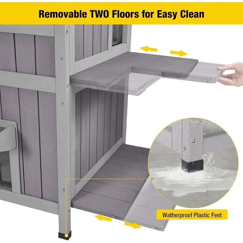 Outdoor Feral Cat House 2-Story Cat Cottage Kitten Shelter with Window