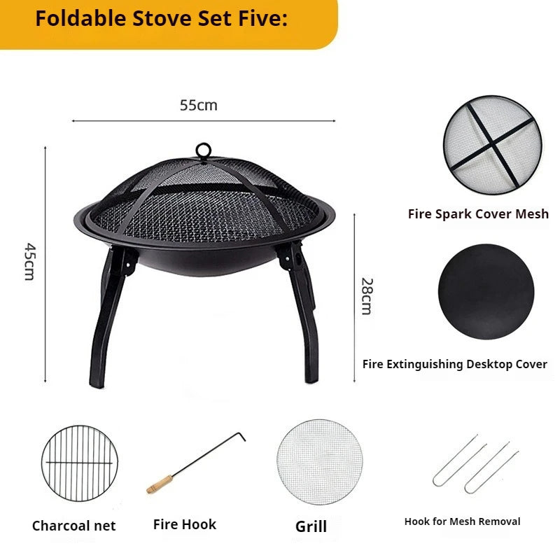 Portable outdoor camping wood stove with removable circular grill for campfire cooking, by Alpine Outdoor Supplies and More.