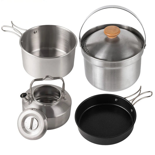 Alpine Outdoor Supplies stainless steel camping cookware set with pots, frying pan, and kettle for outdoor picnic and travel cooking.