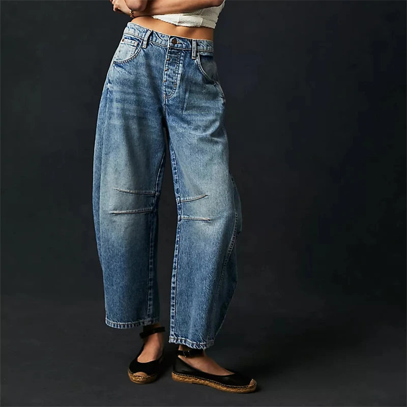 High Stretch Mid-Rise Barrel Jeans Fashion wide Leg Shape Women Casual