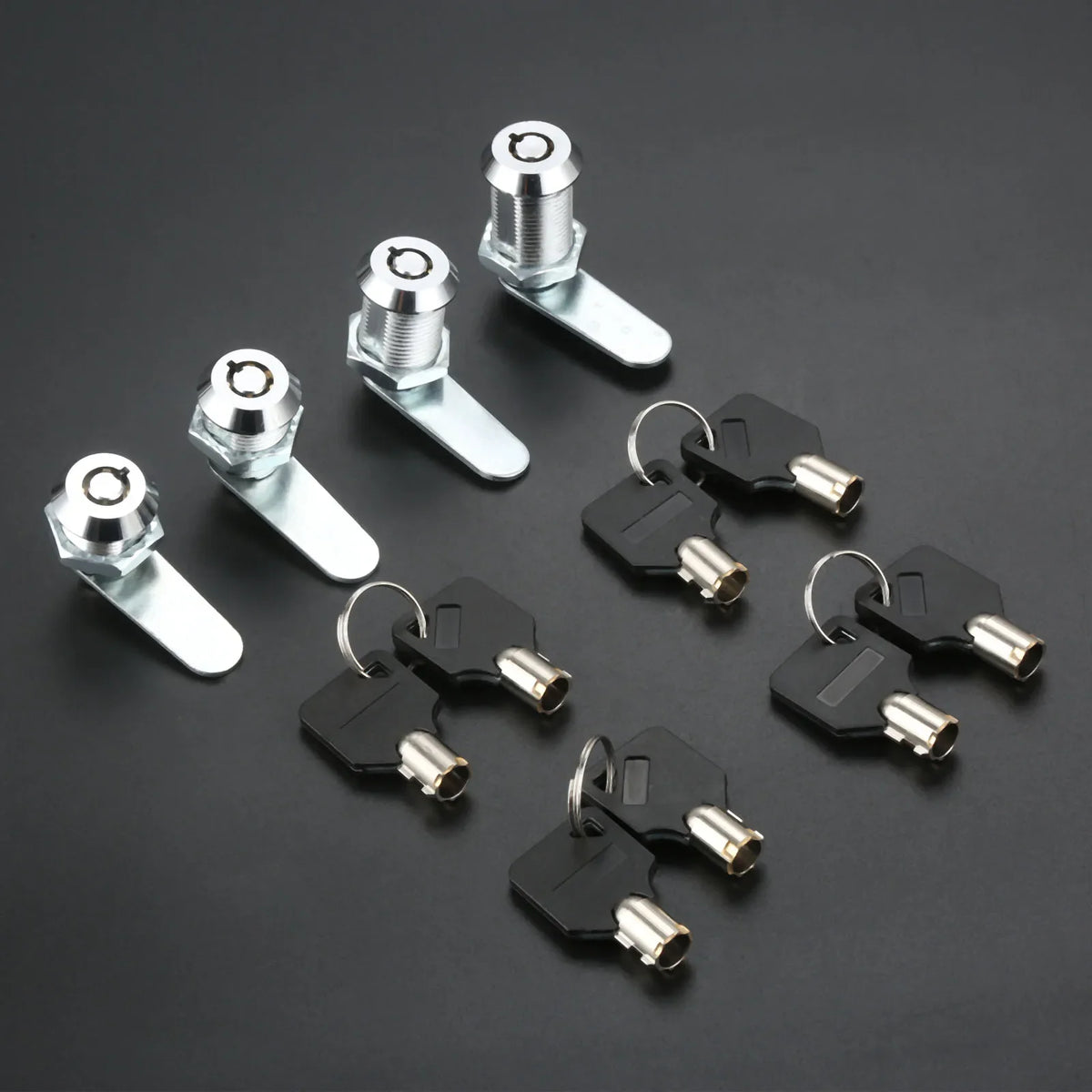 Set of Alpine Outdoor Supplies tubular cam locks with matching keys, including locking plates, for cabinets, mailboxes, and furniture.