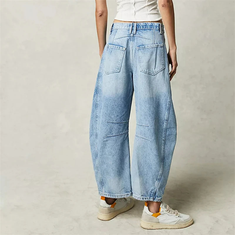 High Stretch Mid-Rise Barrel Jeans Fashion wide Leg Shape Women Casual