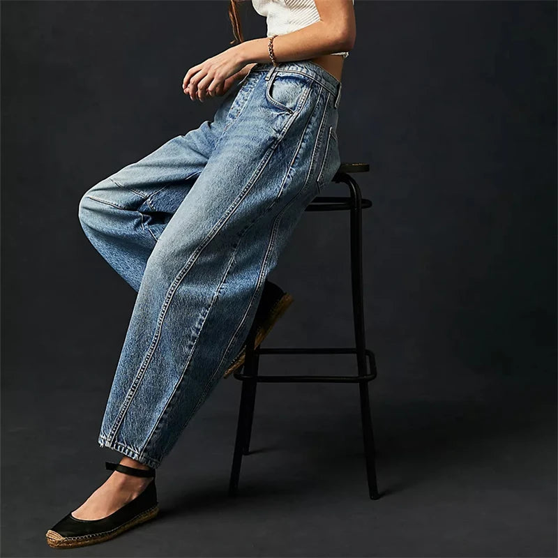 High Stretch Mid-Rise Barrel Jeans Fashion wide Leg Shape Women Casual