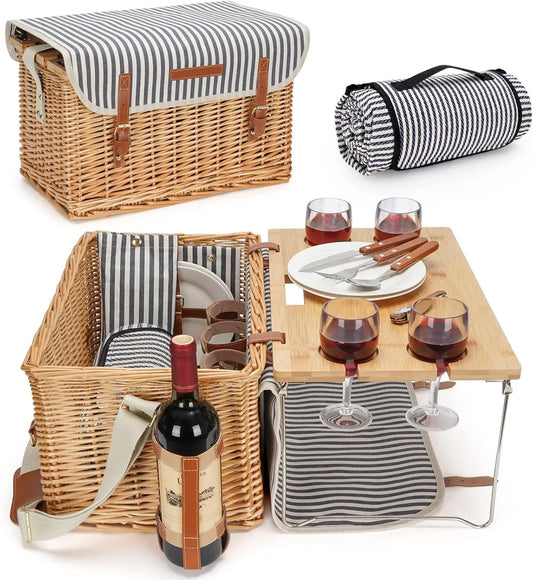 4 Person Picnic Kit, Willow Hamper Service Gift Set with Blanket Portable Bamboo Wine Snack Table fo