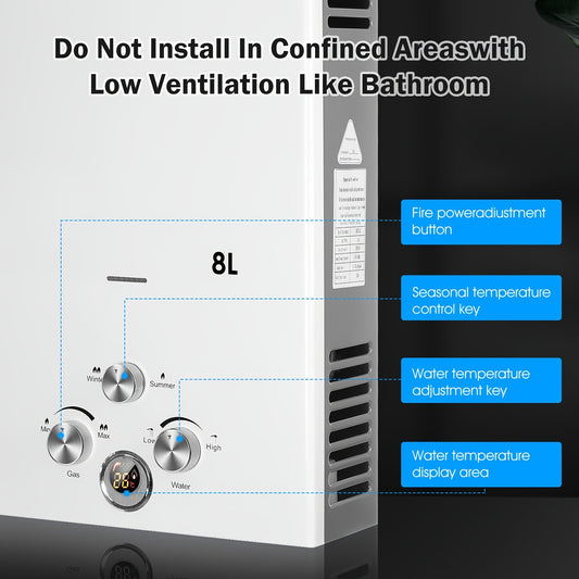 8L Tankless Propane Water Heater with Digital Display - Wall-Mounted
