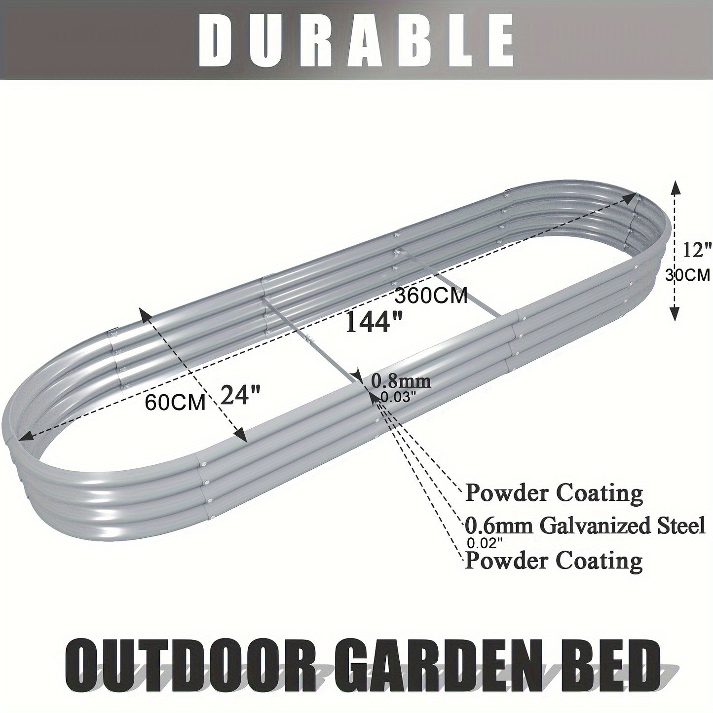 1pc Tramull 12x2x1ft Galvanized Metal Raised Garden Bed Kit - Oval, Anti-Rust Outdoor Planter Box