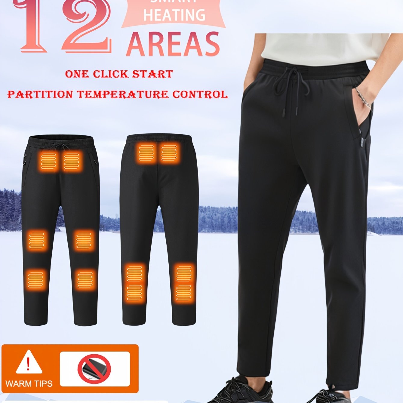 Men'S And Women'S Winter Outdoor Electric Heated Pants (Battery Not Included) - Non-Stretch Sports Pants, Featuring 12 Heating Zones, Adjustable Temperature, Drawstring - Suitable for Outdoor Skiing, Fishing, And Camping