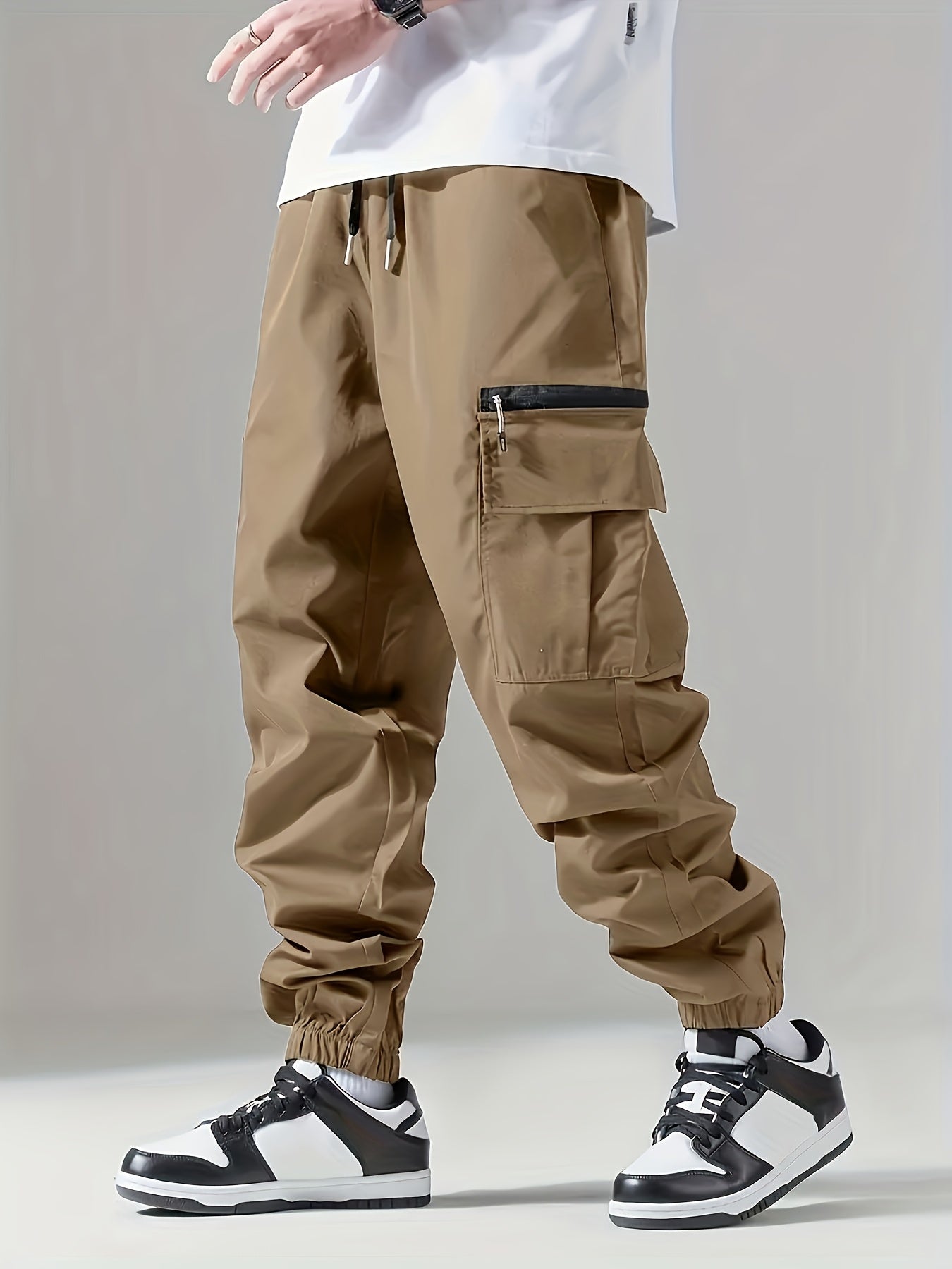 3-Pack Men's Casual Cargo Pants with Elastic Waist and Zipper Pockets