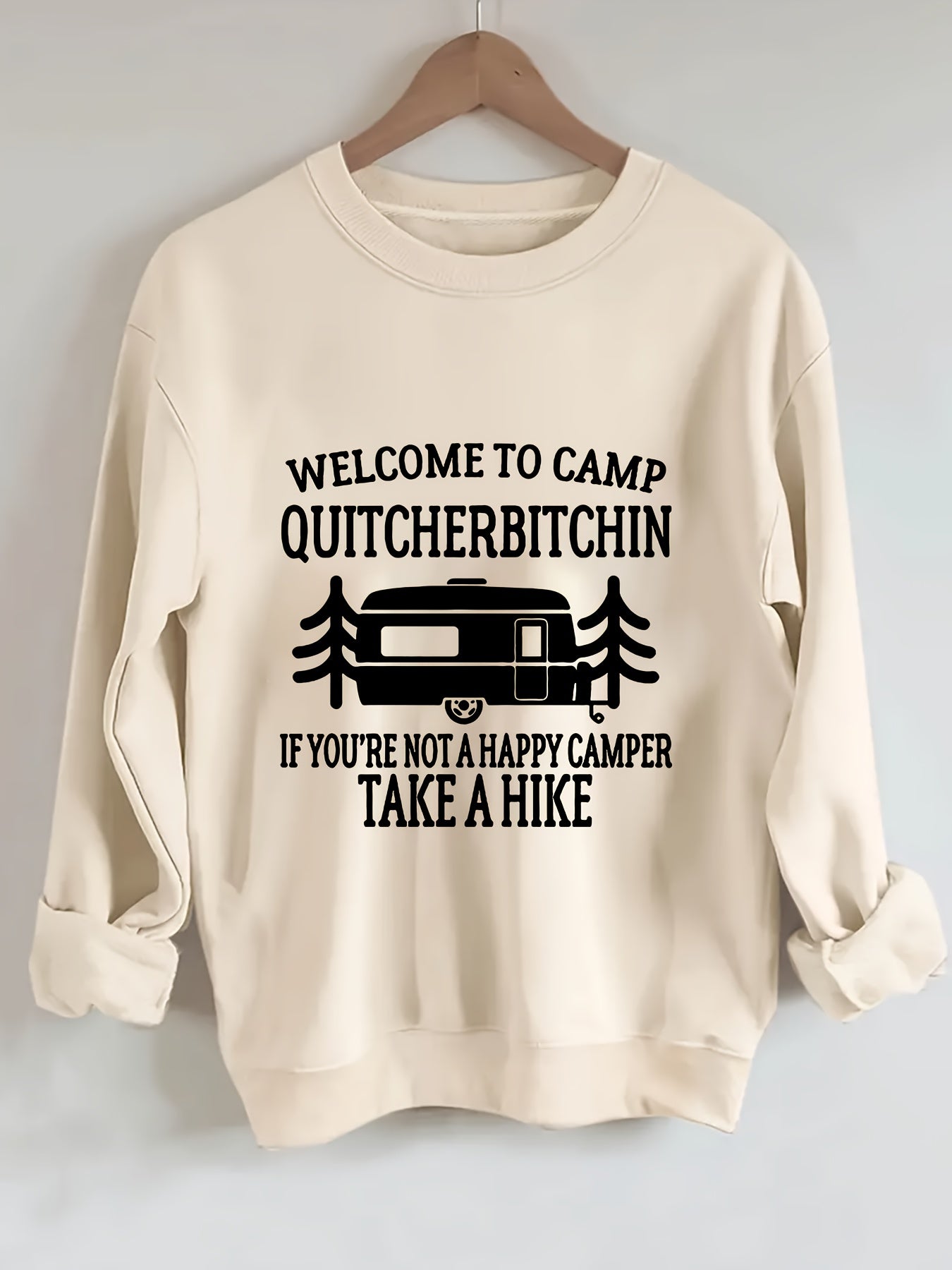 Women's Plus Size Crew Neck Pullover Sweatshirt - Alphabet Print "Welcome to Camp Quitcherbitchin" Graphic