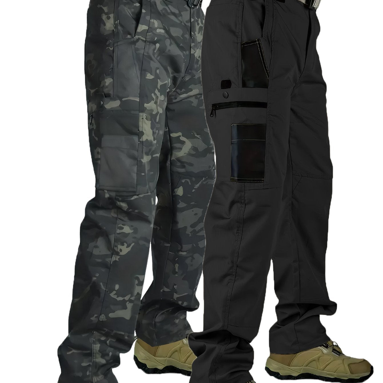 2pcs Men's Tactical Cargo Pants, 100% Polyester Solid Color Sports Style